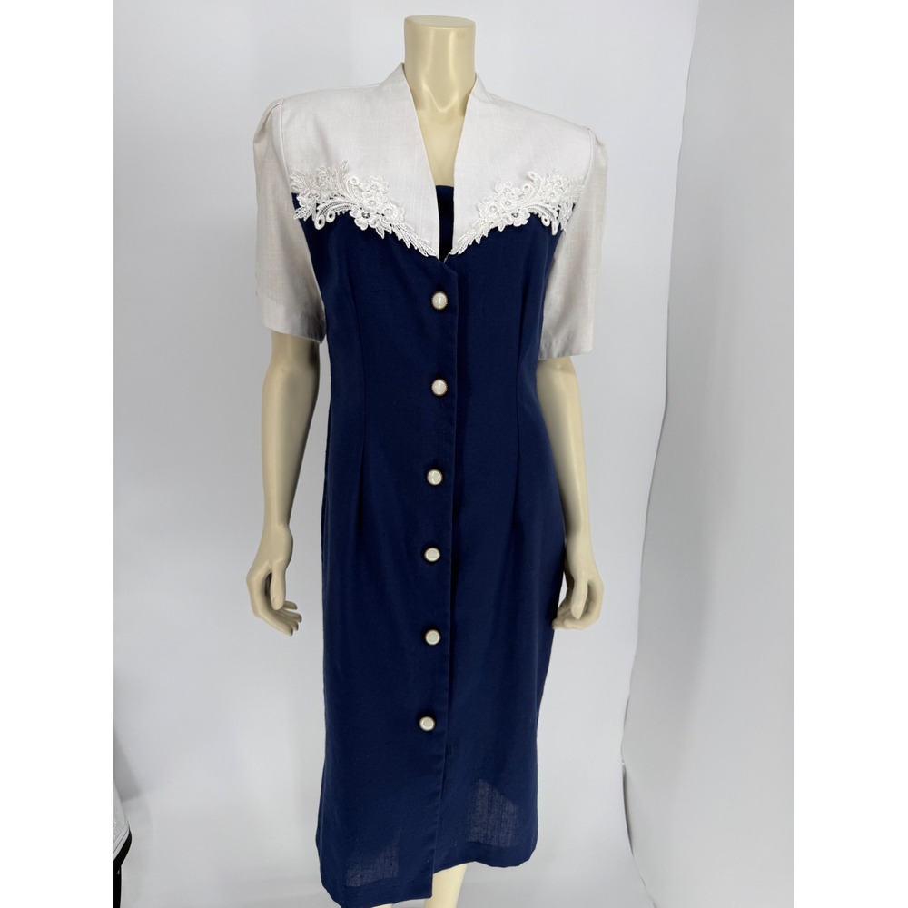 Vintage 90s Elli F Ltd Navy Linen Blend Midi Dress Lace Cottagecore USA M